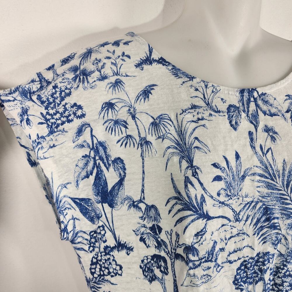 Nicole Miller Womens 100% Linen Top L Blue White Floral Short Sleeve Tropical - Picture 4 of 9